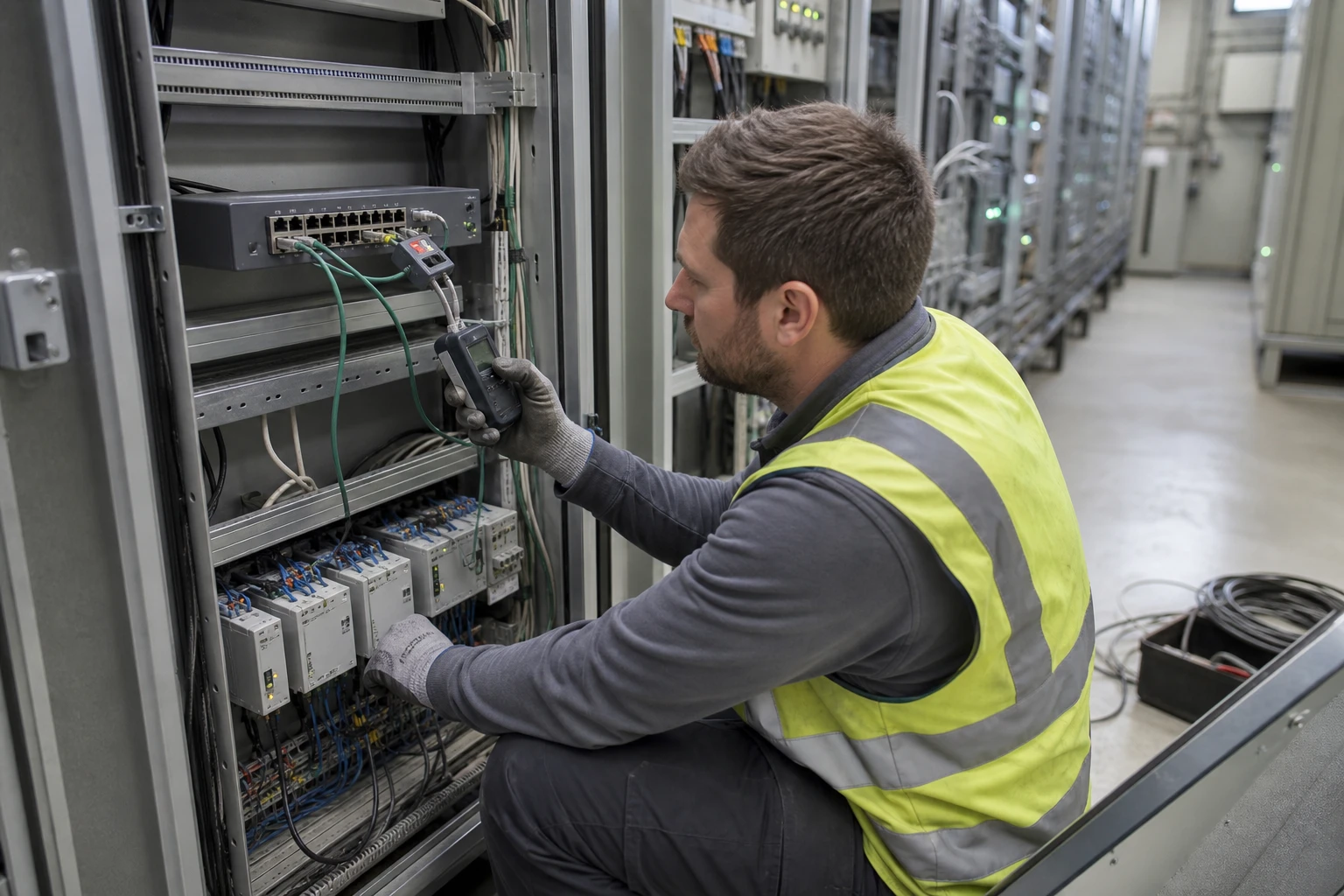 Technician in a hi-vis vest crouching at an open control cabinet in a substation, checking an industrial switch on the DIN rail with a handheld meter, protection relays and bundled control cables below