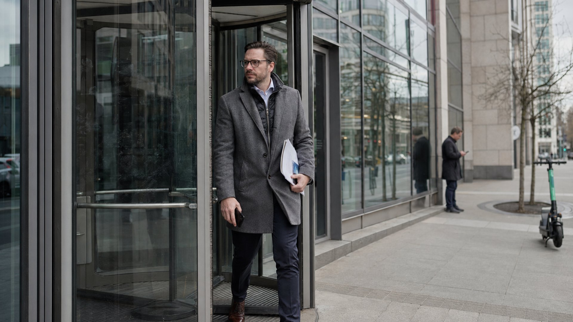 Business professional exits a Frankfurt banking tower mid-step with printed documents, flat overcast daylight, documentary scene