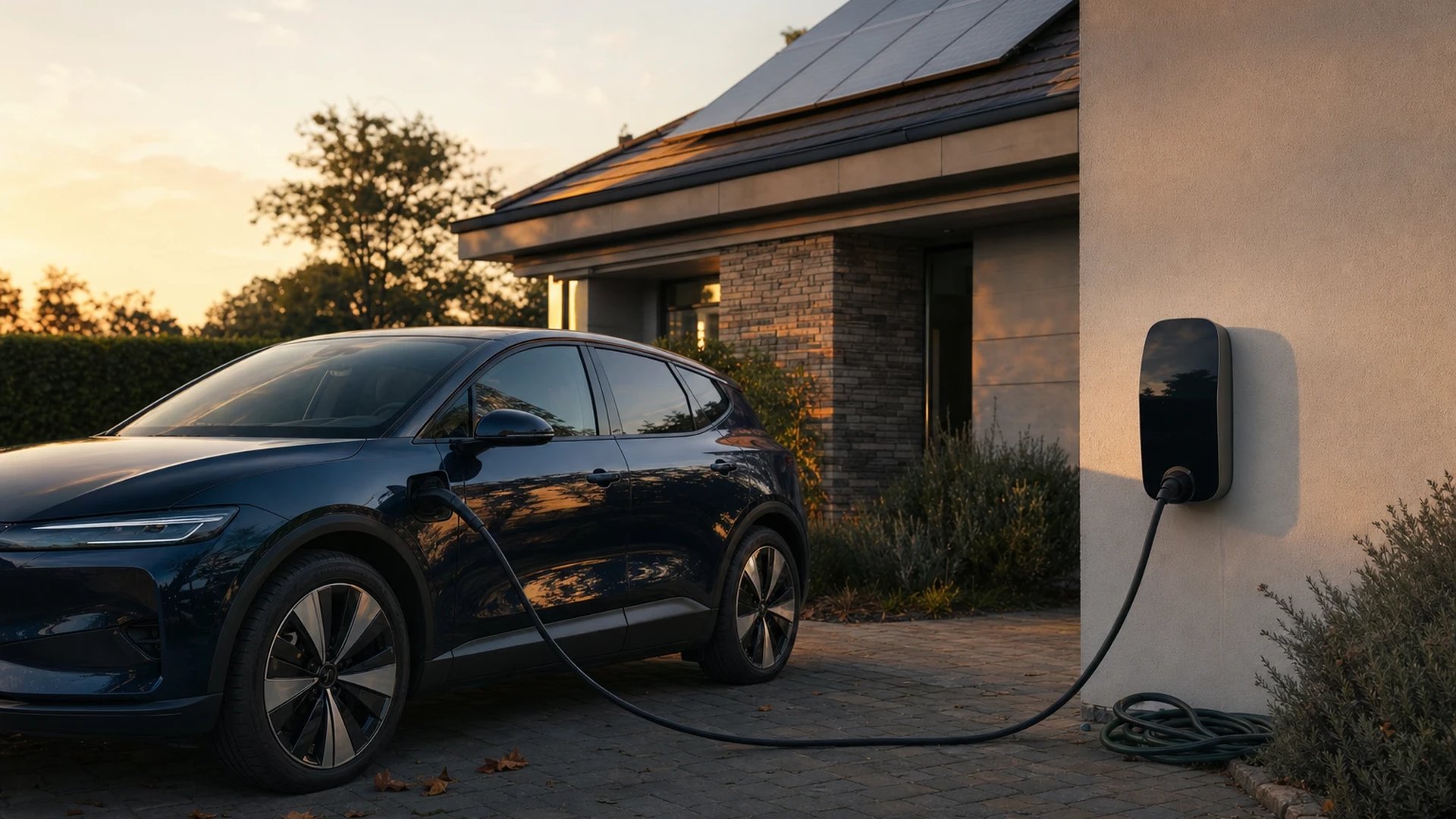 An electric car parked at dusk in front of a house with a solar roof, connected to a wall-mounted charging unit by a cable.