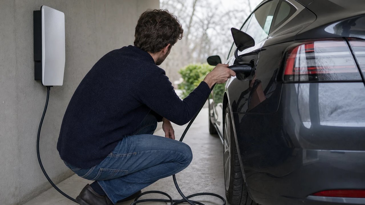 A person connects a charging cable from a wall-mounted unit to the charging port of an electric car in a carport.