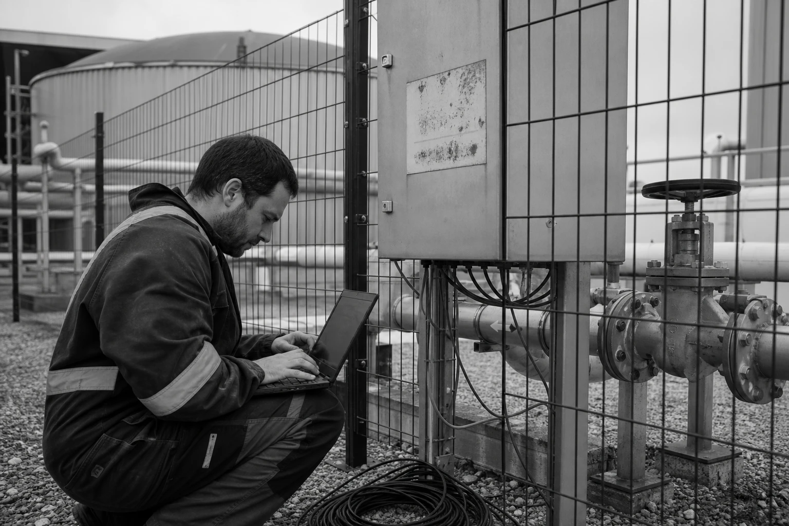 Gas quality and odorisation station at a biomethane plant with steel pipework and a shut-off valve behind a fence