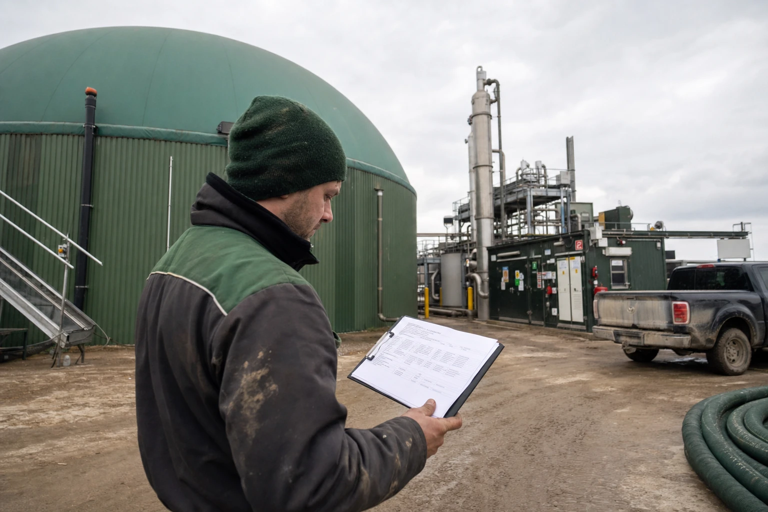 Plant operator in work clothes checking a folder of cost documents beside a digester