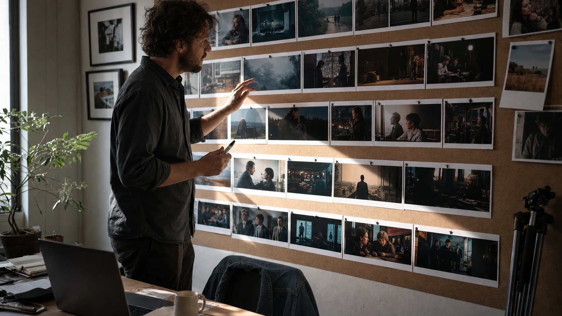 Storyboard artist stands in front of a cork wall covered with printed film frames, studying one scene, with a cluttered desk nearby