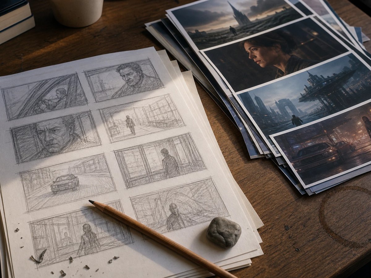 Desk with hand-drawn pencil storyboards next to printed AI-generated film frames, a pencil and eraser resting beside them