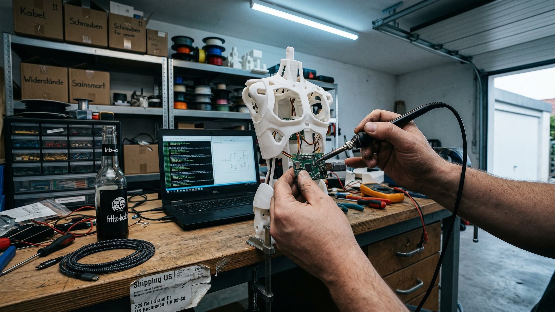 Hands soldering a 3D-printed humanoid robot in a home workshop with laptop and tools