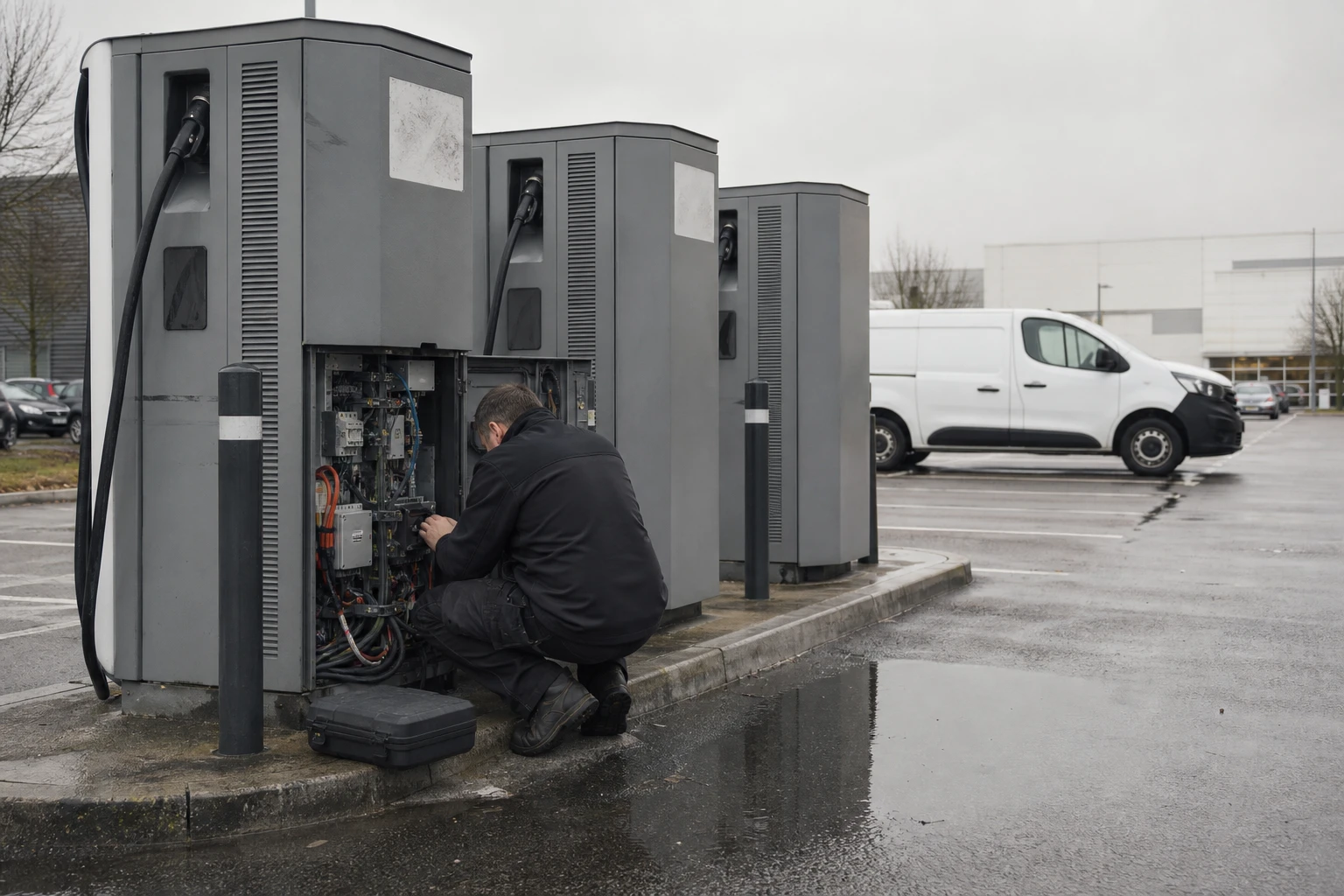 Maintenance technician crouched at an open public charging station inspecting the internal communication modules and cables, a service van in the background on a wet car park