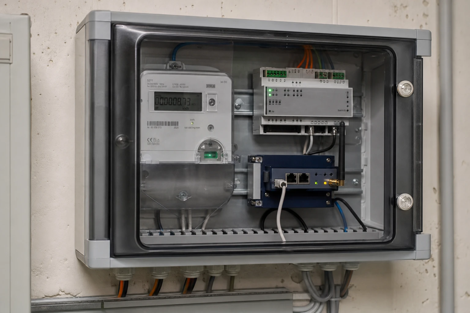Small grey metering and gateway cabinet on a wall with DIN-rail modules, a meter and a gateway unit