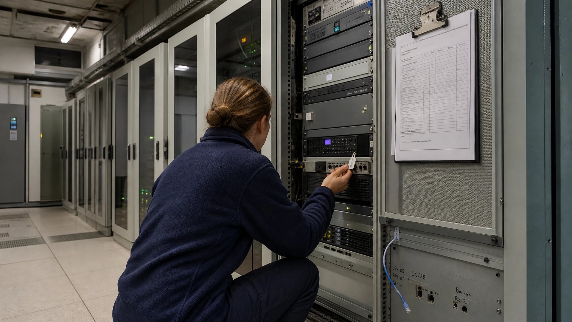 Server room of a municipal utility: a security officer checks a seal on a hardware module in an open rack