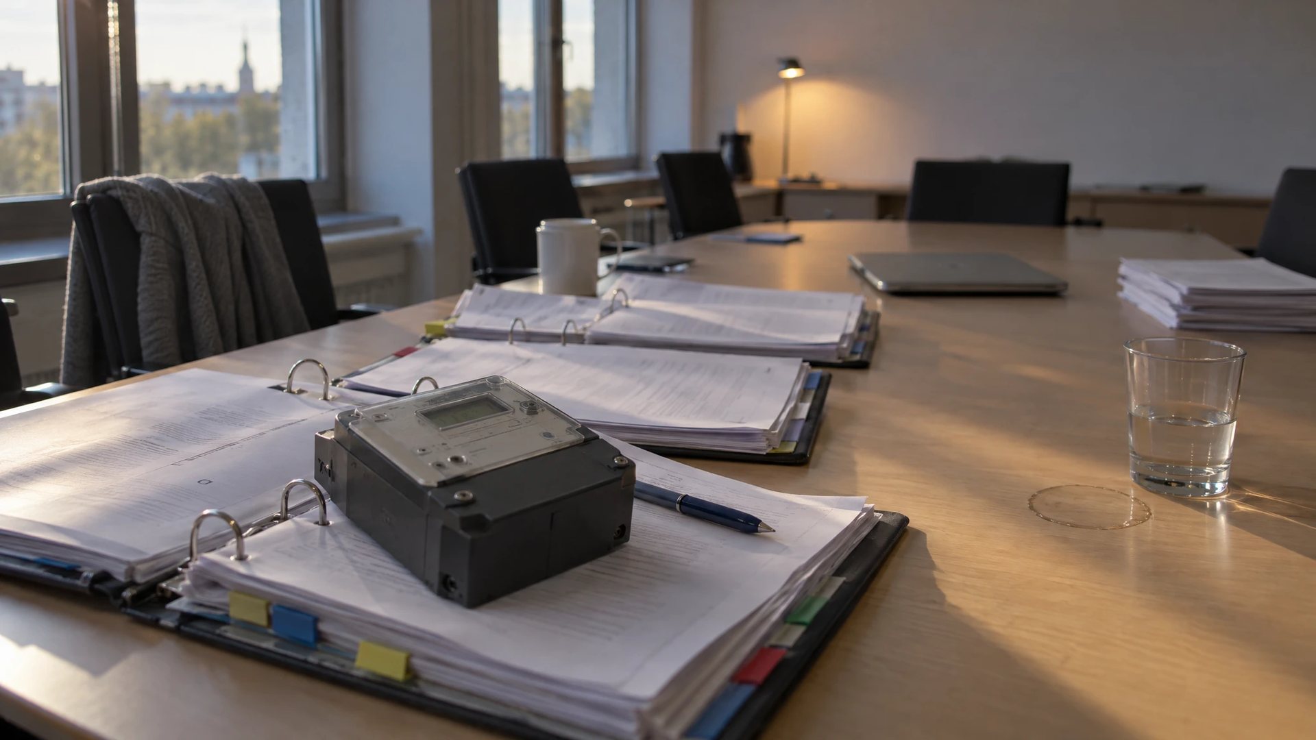 Long meeting table at a municipal utility in the late afternoon: open ring binders with coloured tabs, an electronic electricity meter resting on one of them, a water glass and a closed laptop nearby