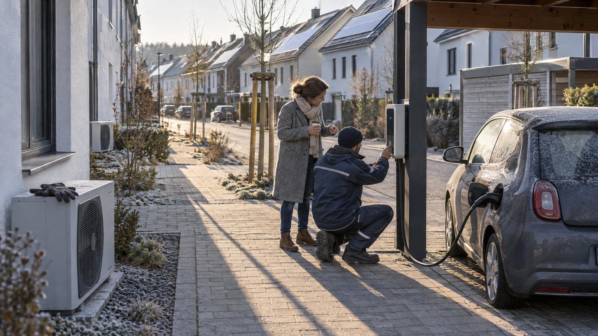 New-build street on a frosty morning: a technician kneels at the wallbox under a carport while the homeowner, coffee cup in hand, looks on; solar panels on the roofs and a heat pump against the house wall