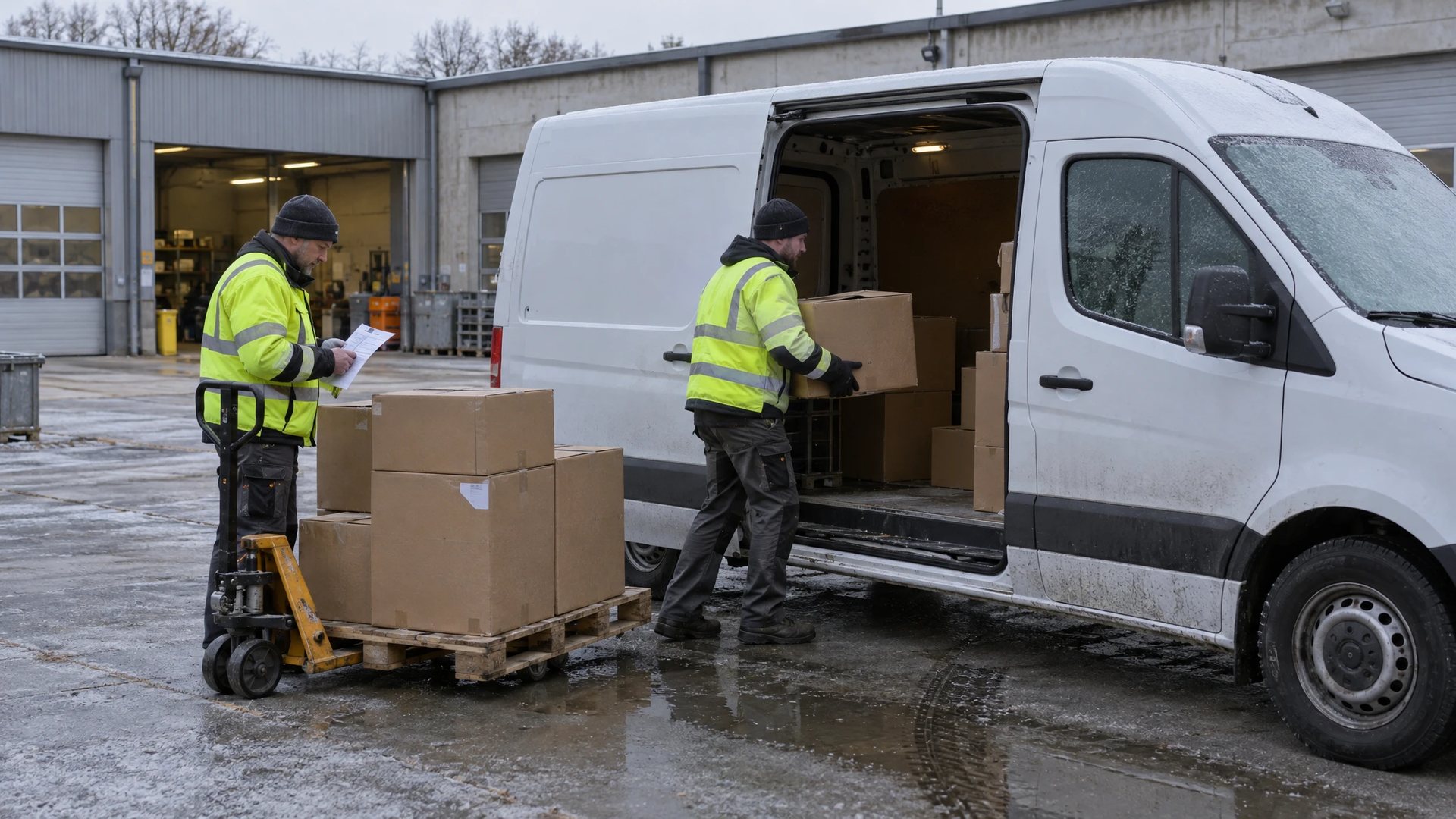Yard of a utility depot on a frosty morning: one installer loads boxes into a white van while a second checks the route sheet beside the pallet truck