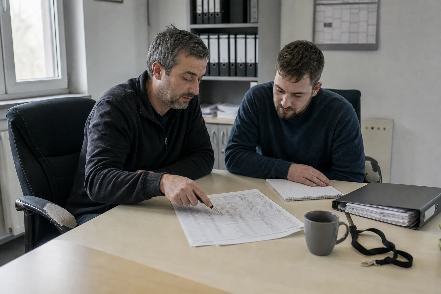 Two fleet managers sitting at a desk discussing a printed list of vehicles and charging points, the rows oriented so they read correctly toward the two people