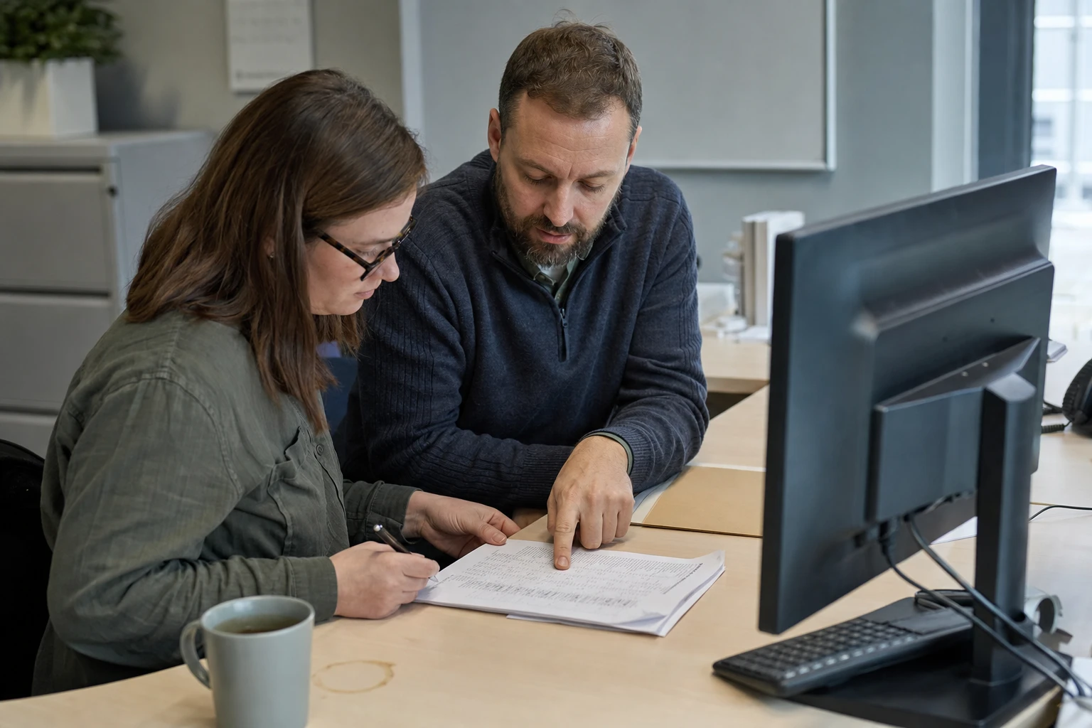 Two colleagues at a desk review a stack of printed application documents together, a monitor in the background