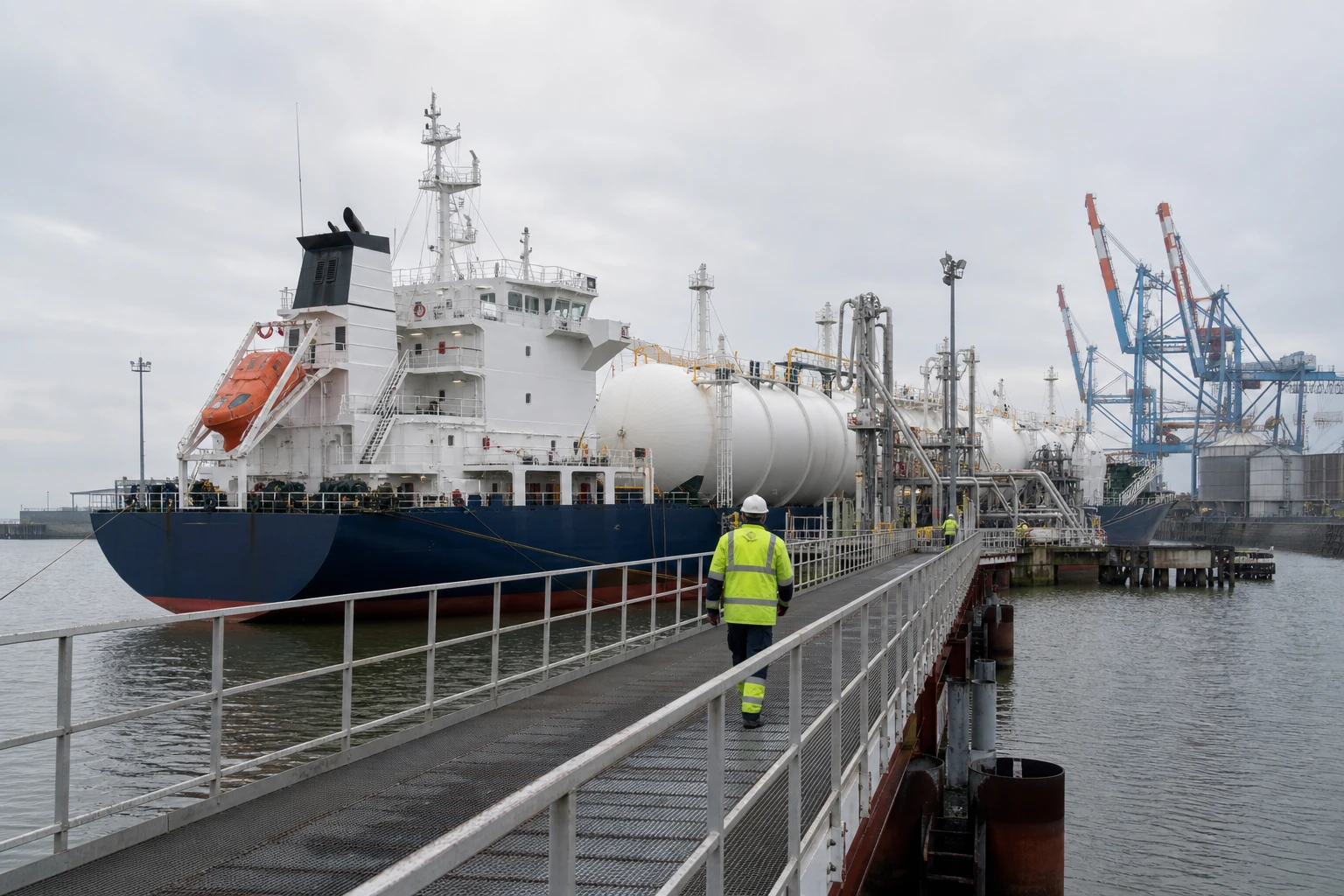 A liquefied-CO2 ship at the export terminal, the route to offshore storage abroad