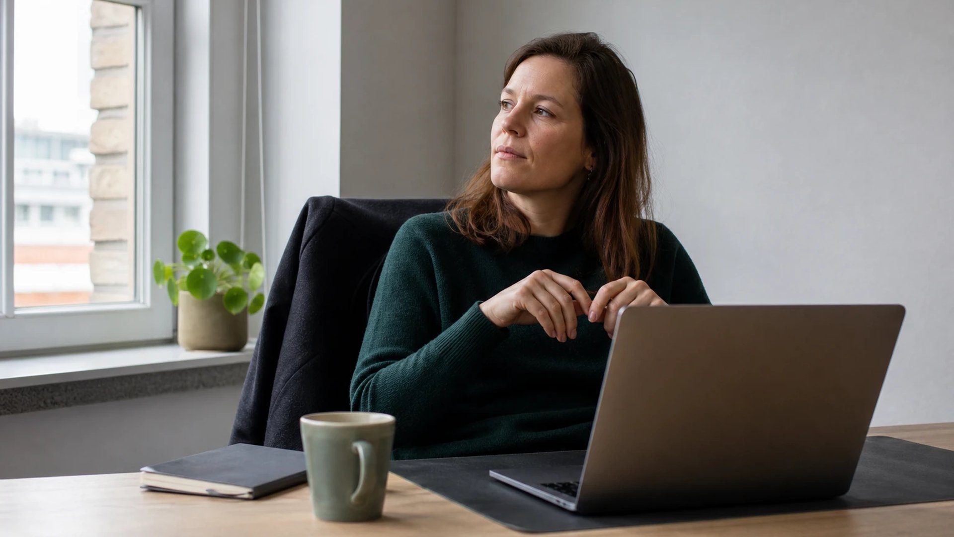 A knowledge worker leans back at her desk and looks thoughtfully toward the window, the laptop turned away from the camera.
