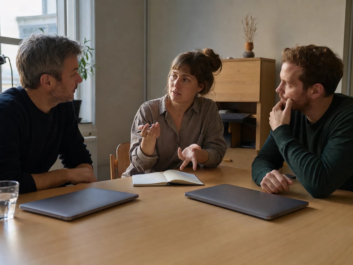 Three colleagues sit at a table in afternoon light and plan the controlled use of an AI work agent.