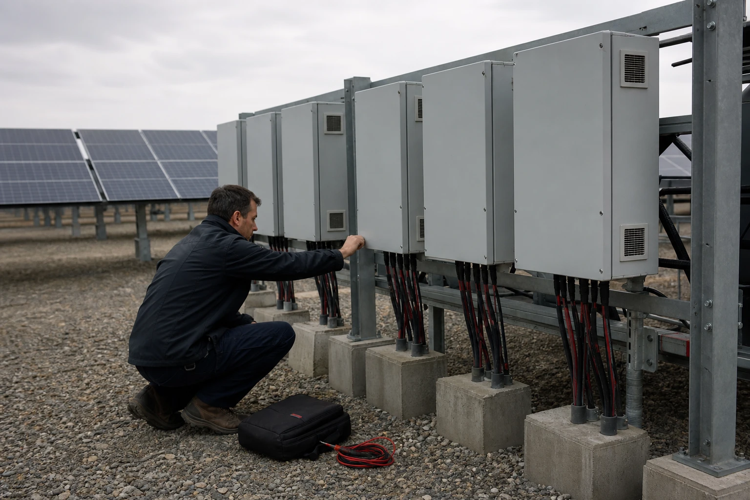 Service technician checking a row of grey string inverters at a solar farm