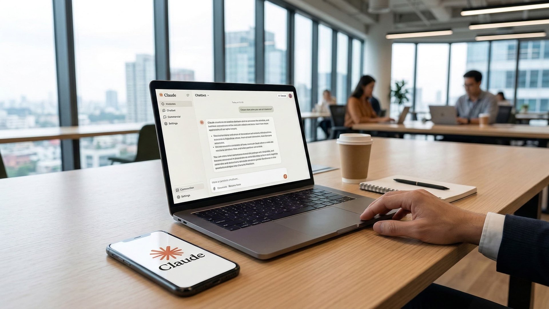 Laptop showing Claude.ai interface and smartphone with Claude logo on a desk in a modern office