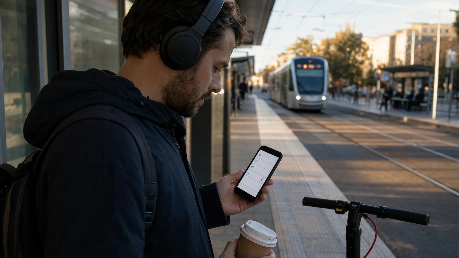 Developer with headphones at a tram stop checking a workflow progress display on a phone while a long run works in the background
