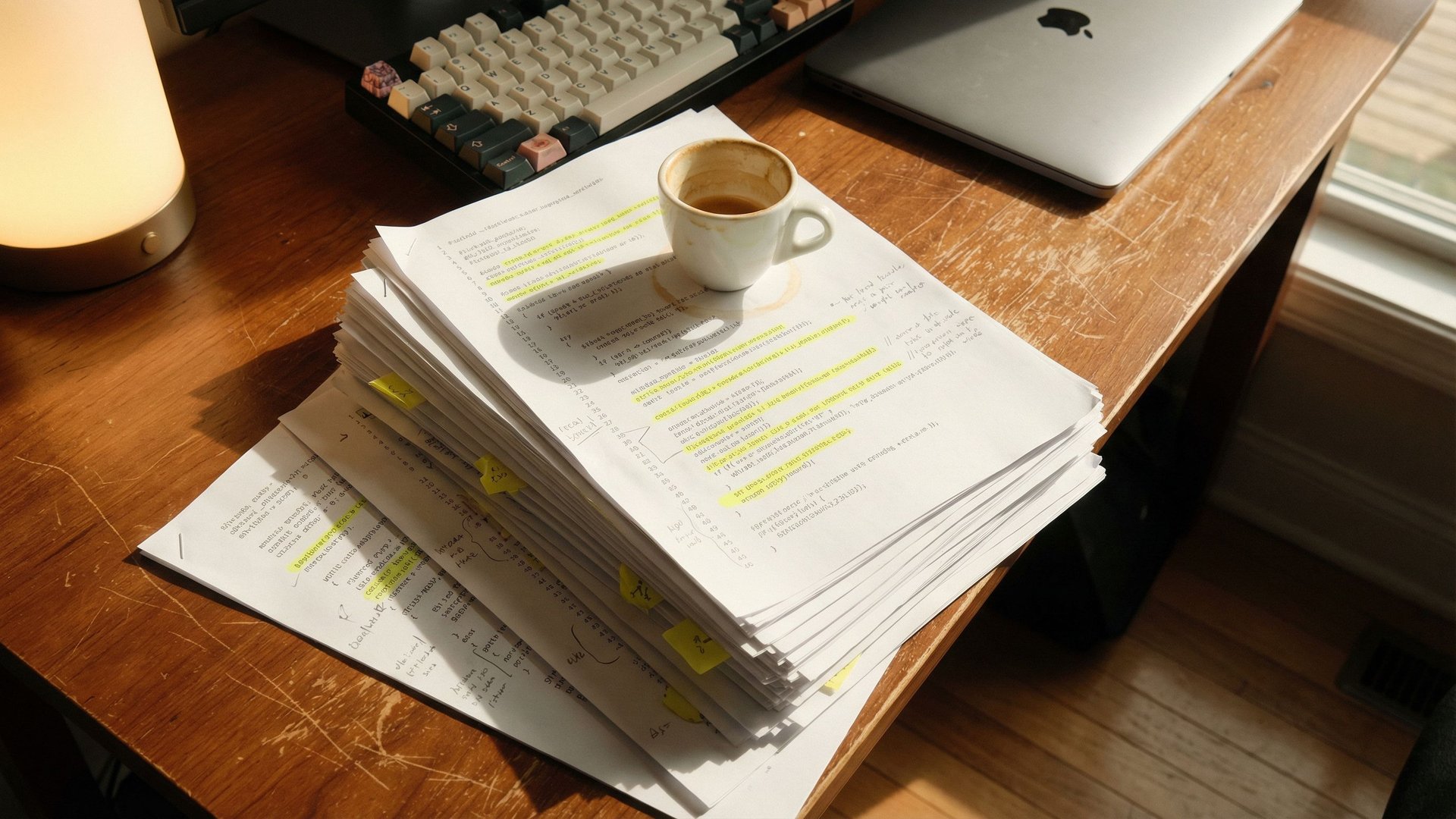 Terminal screen displaying TypeScript source code fragments with memory architecture diagrams overlaid on a dark development environment