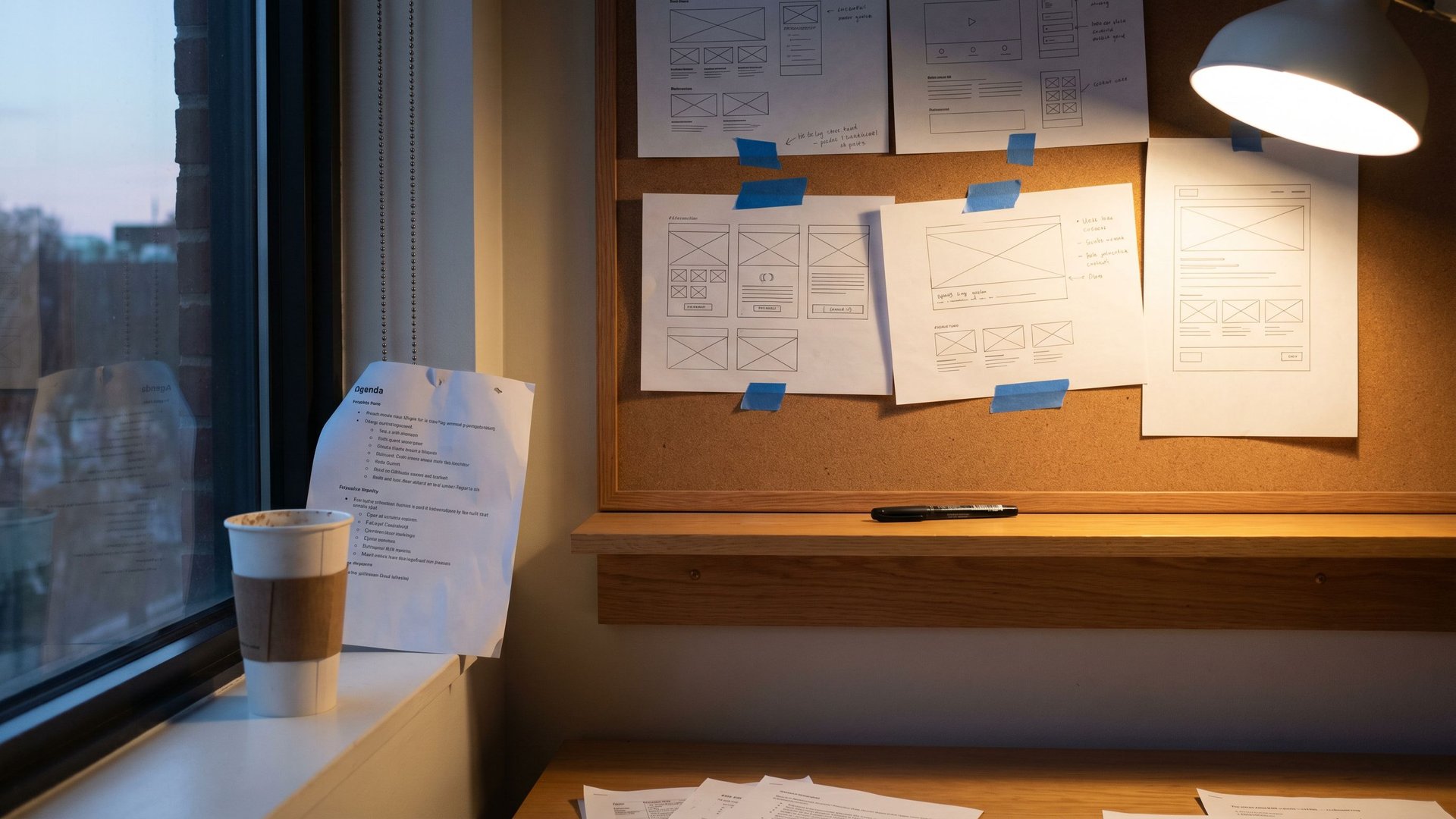 Corkboard covered in printed wireframe sketches with blue painter's tape in a co-working studio corner after a late design review, symbolizing Claude Design as an AI prototyping tool
