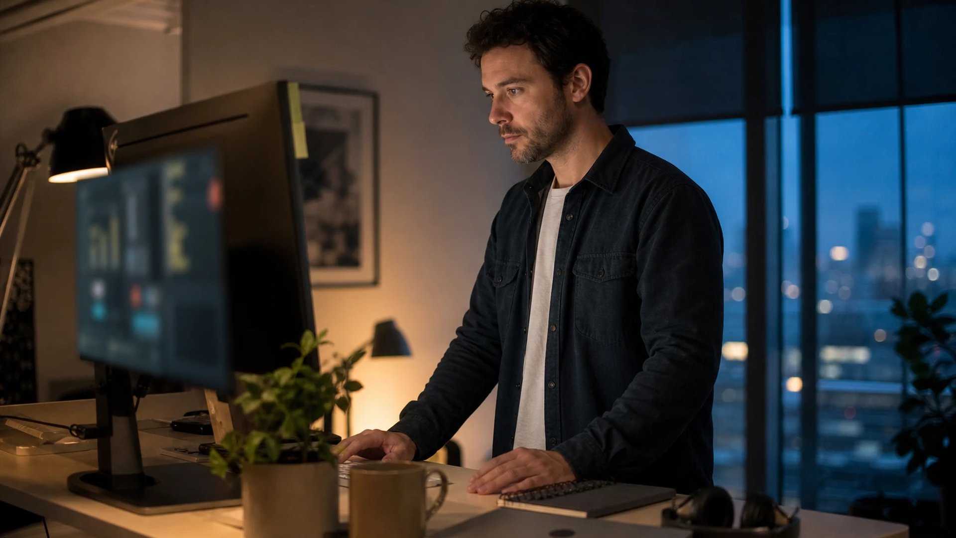 A software engineer stands at a standing desk in the evening, reviewing a long-running task on a large monitor