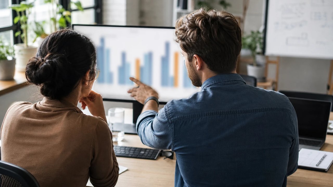Two engineers sit side by side and discuss benchmark results on a large monitor