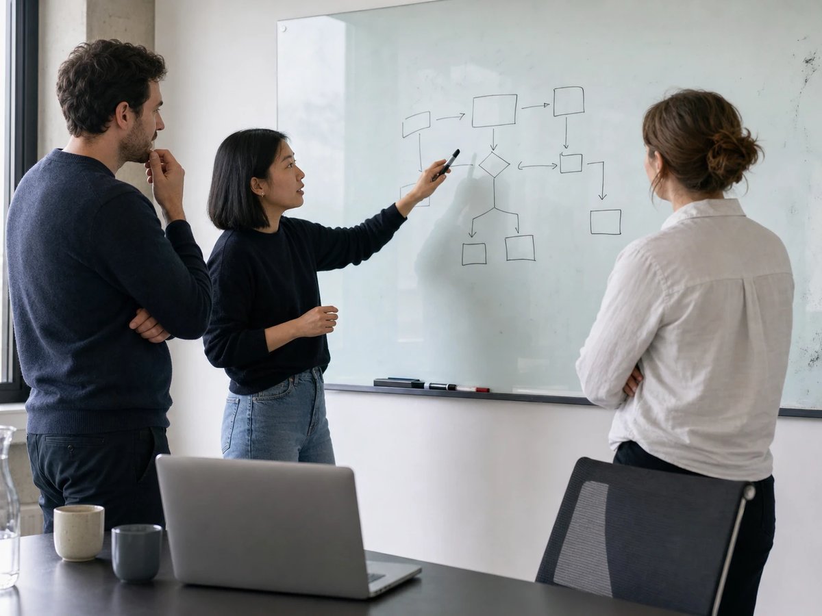 A small team stands at a glass whiteboard sketching a decision between two AI models
