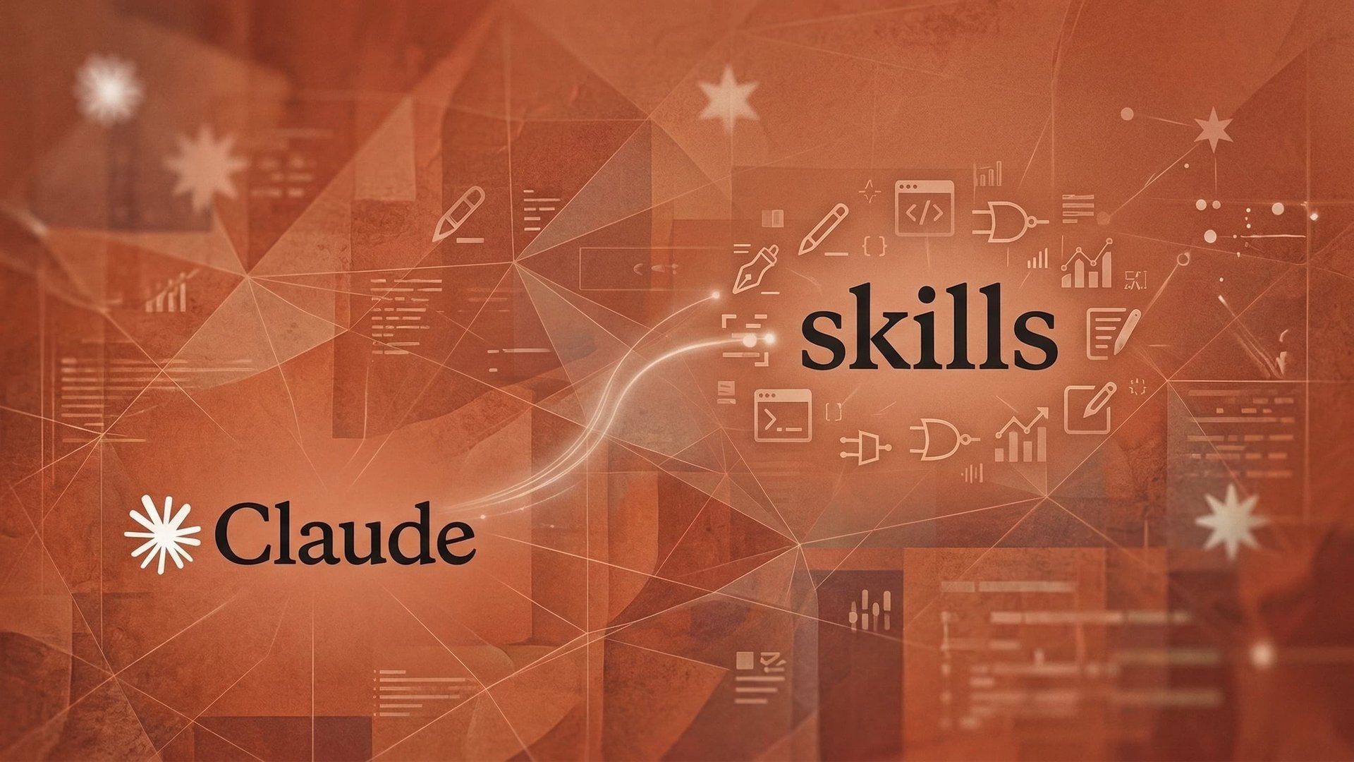 Claude Skills guide: Anthropic Claude logo and skill-related symbols on an orange background illustrating AI workflow automation