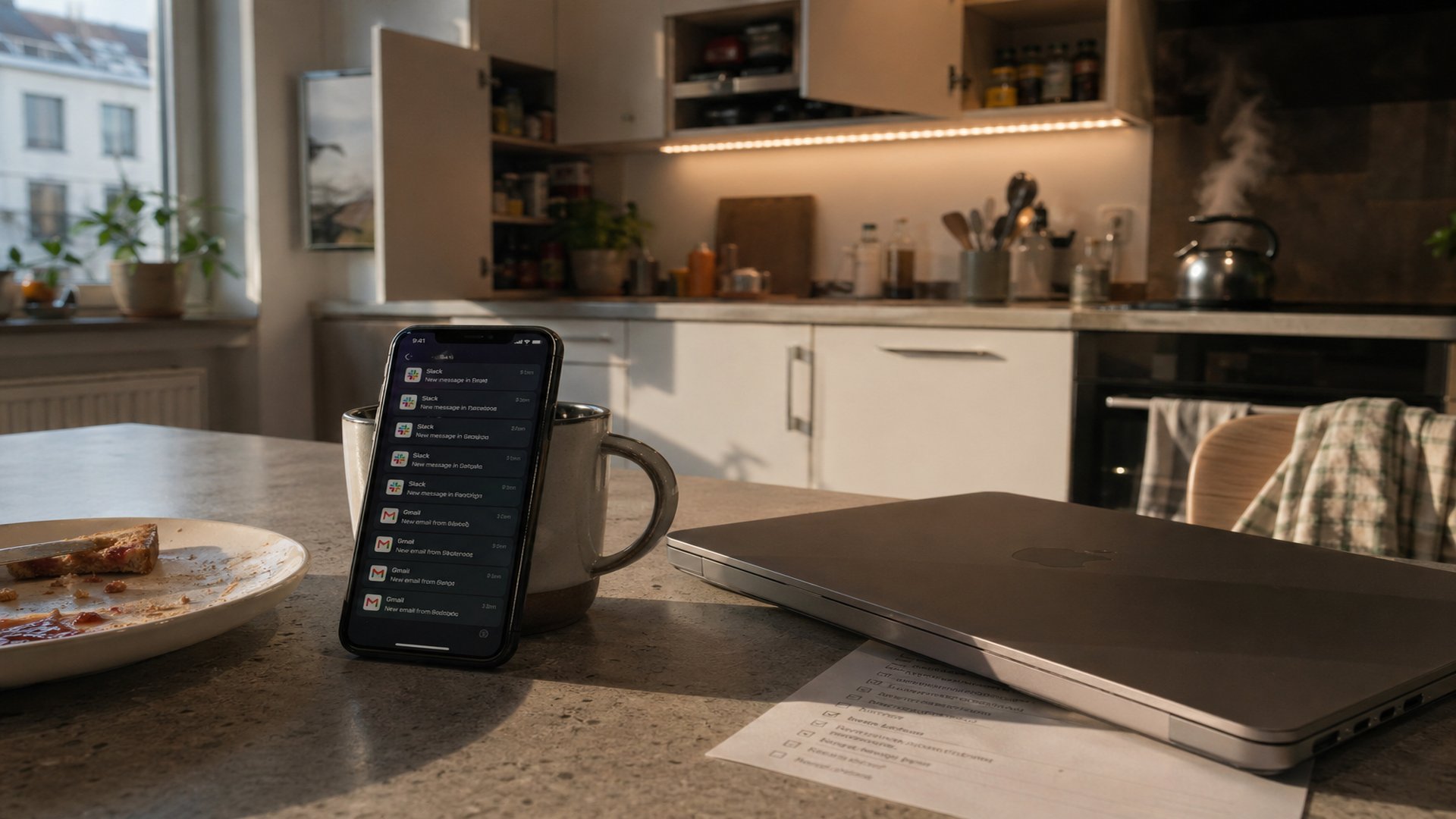 Morning kitchen counter with an iPhone propped up showing stacks of Slack and Gmail notifications, a closed silver MacBook beside it next to a half-eaten breakfast plate