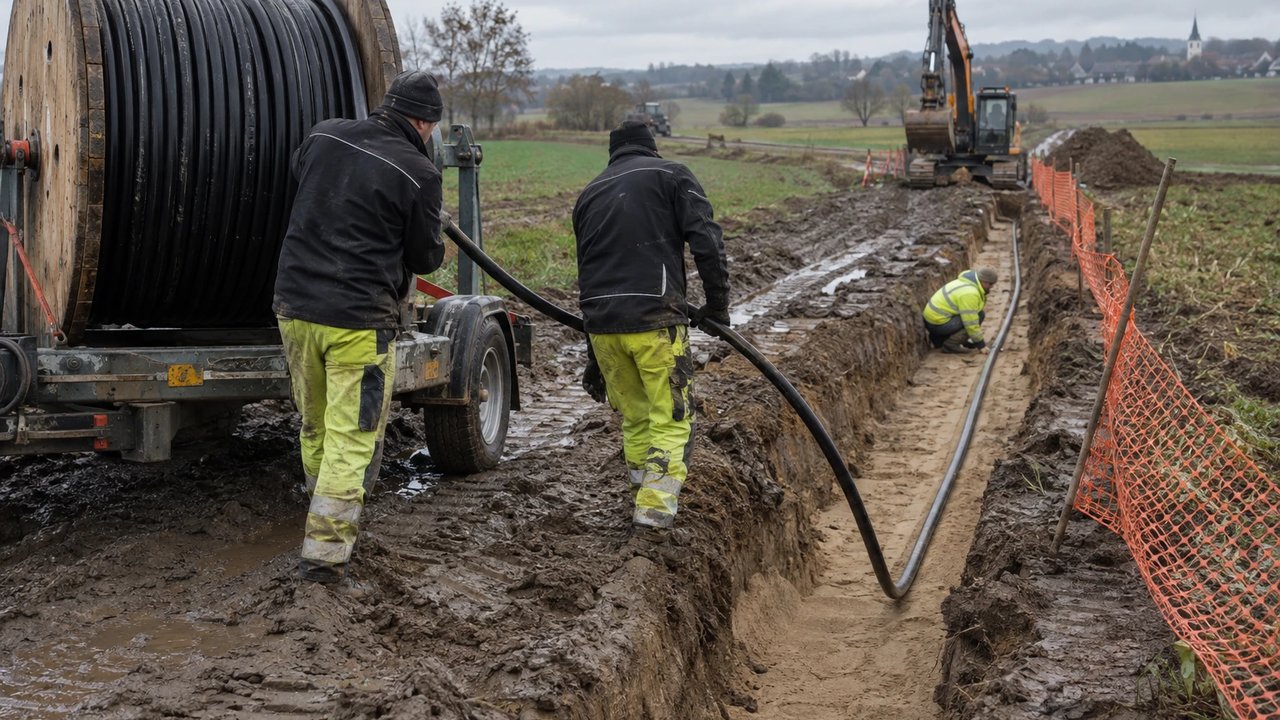 Cable installers pull a direct-current cable off a wooden drum into a trench across farmland in eastern Bavaria