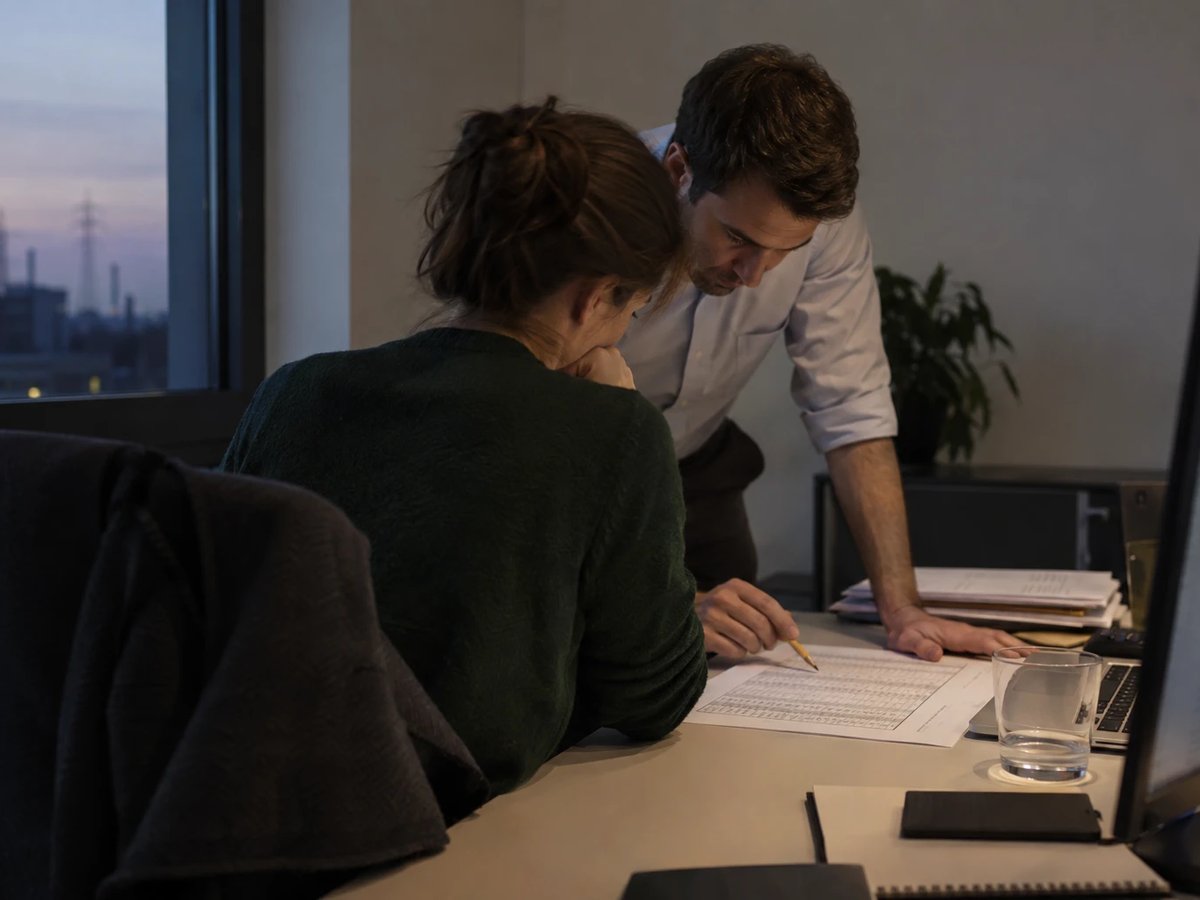 Two regulatory staff at a transmission system operator go through a printed cost table in the evening