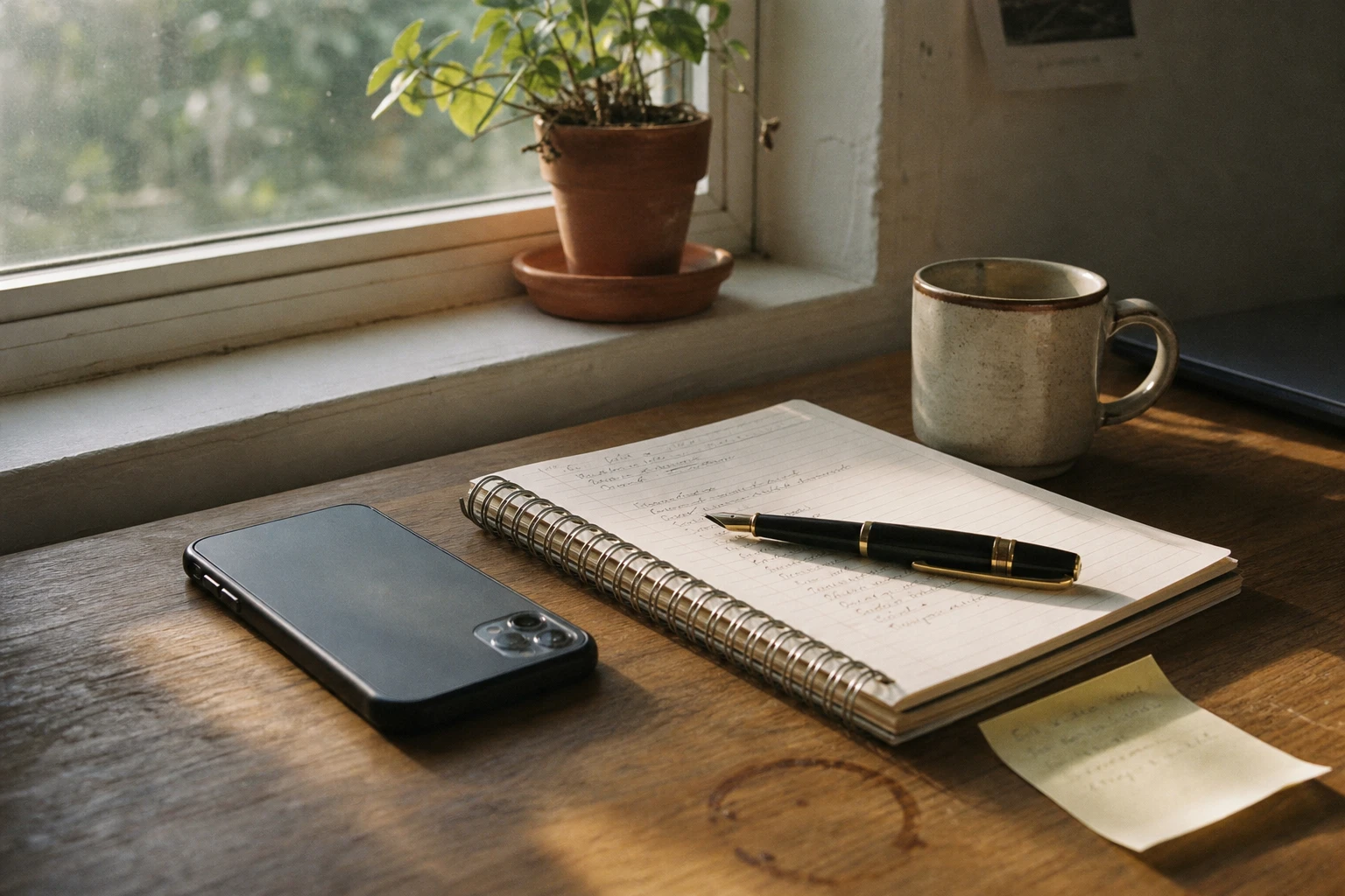 A tidy desk by a window with a smartphone, an open notebook and a coffee mug in warm morning light