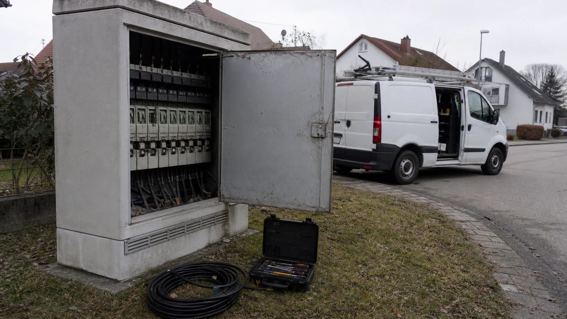 Open grey local distribution cabinet at the edge of a residential area with switchgear and cabling, a utility van parked alongside