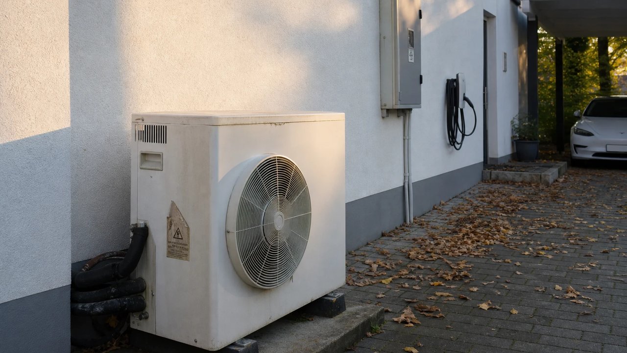 Outdoor heat pump unit on a wall, with a meter cabinet and a wallbox at the carport, the typical controllable loads