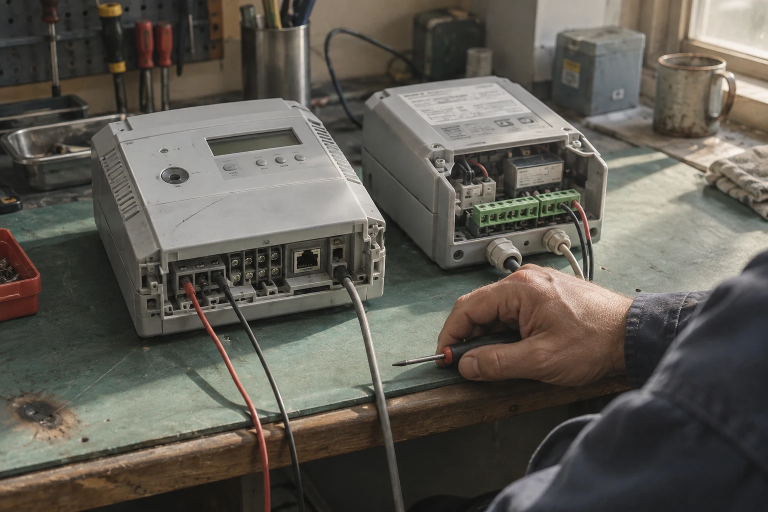 Smart meter gateway and control box side by side on a workbench, both with their terminal covers taken off