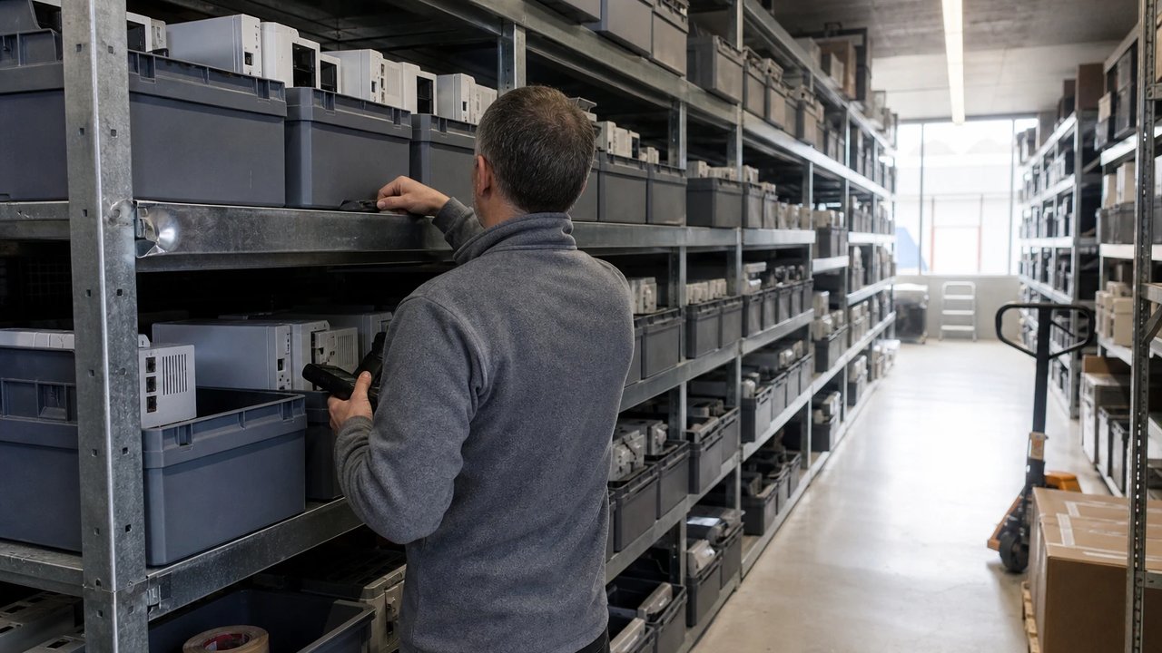 Store aisle at a municipal utility with four levels of steel shelving holding grey bins of gateways and control units