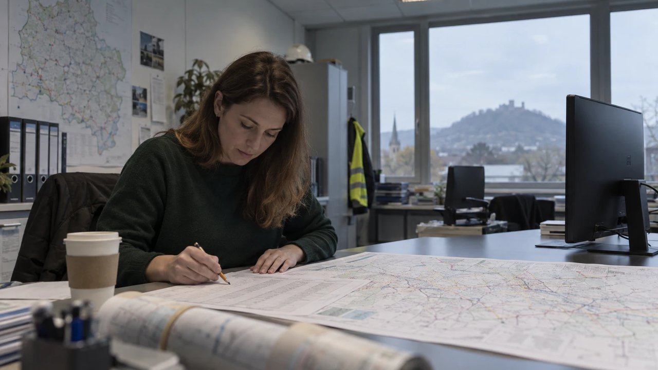 Network planner at a distribution system operator checking a printed monthly list next to a grid map