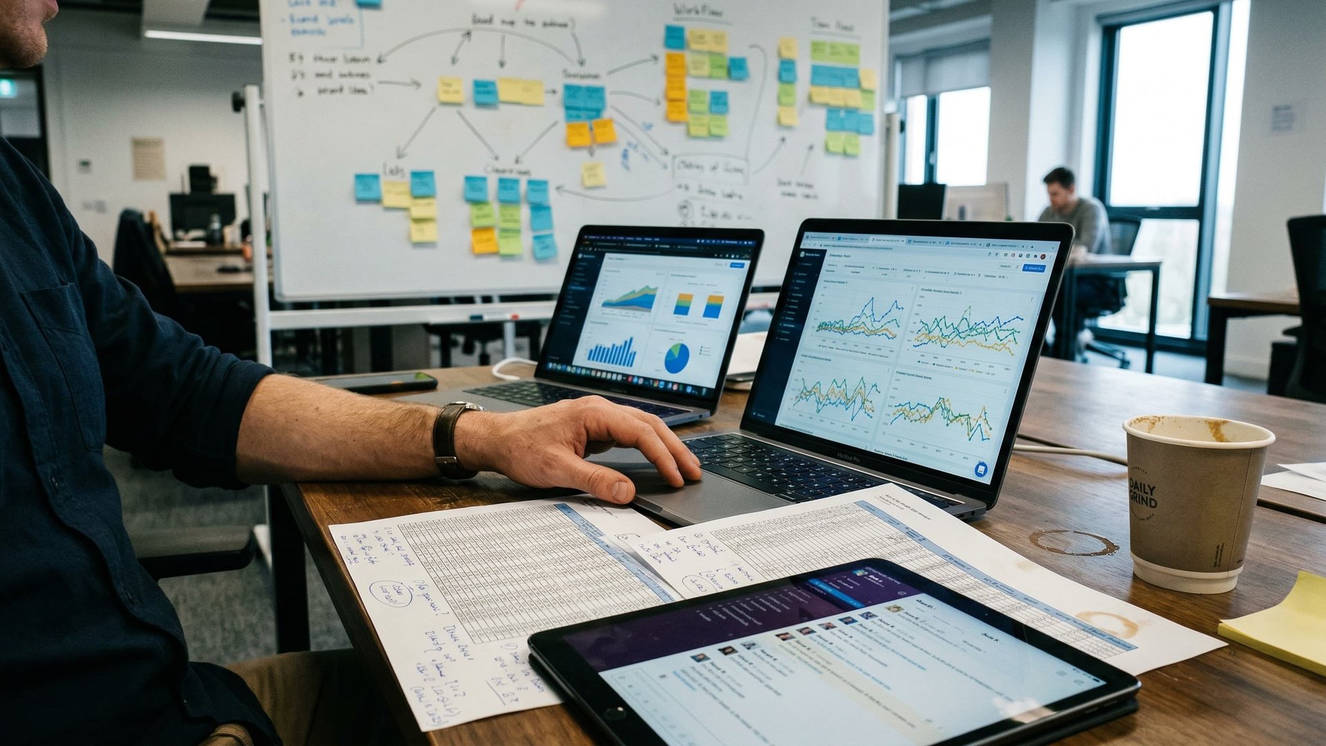 Strategic analysis on laptop with charts and data visualizations representing converging technology and market forces