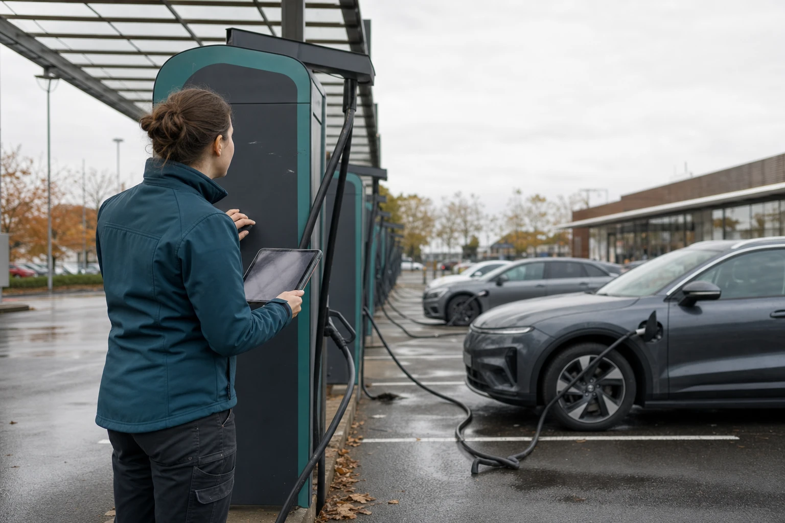 A technician with a tablet stands between two rows of public fast-charging stations in a car park, with two cars charging in the background.