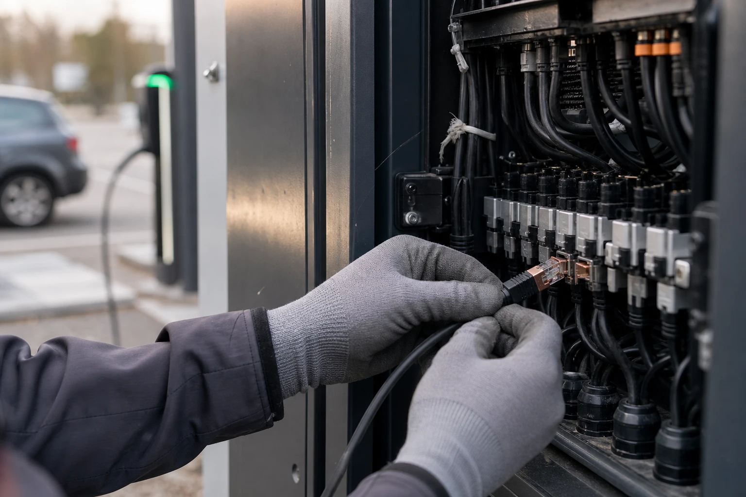 Two gloved technician hands connect a data cable inside the open service cabinet of a public charging station at the roadside.