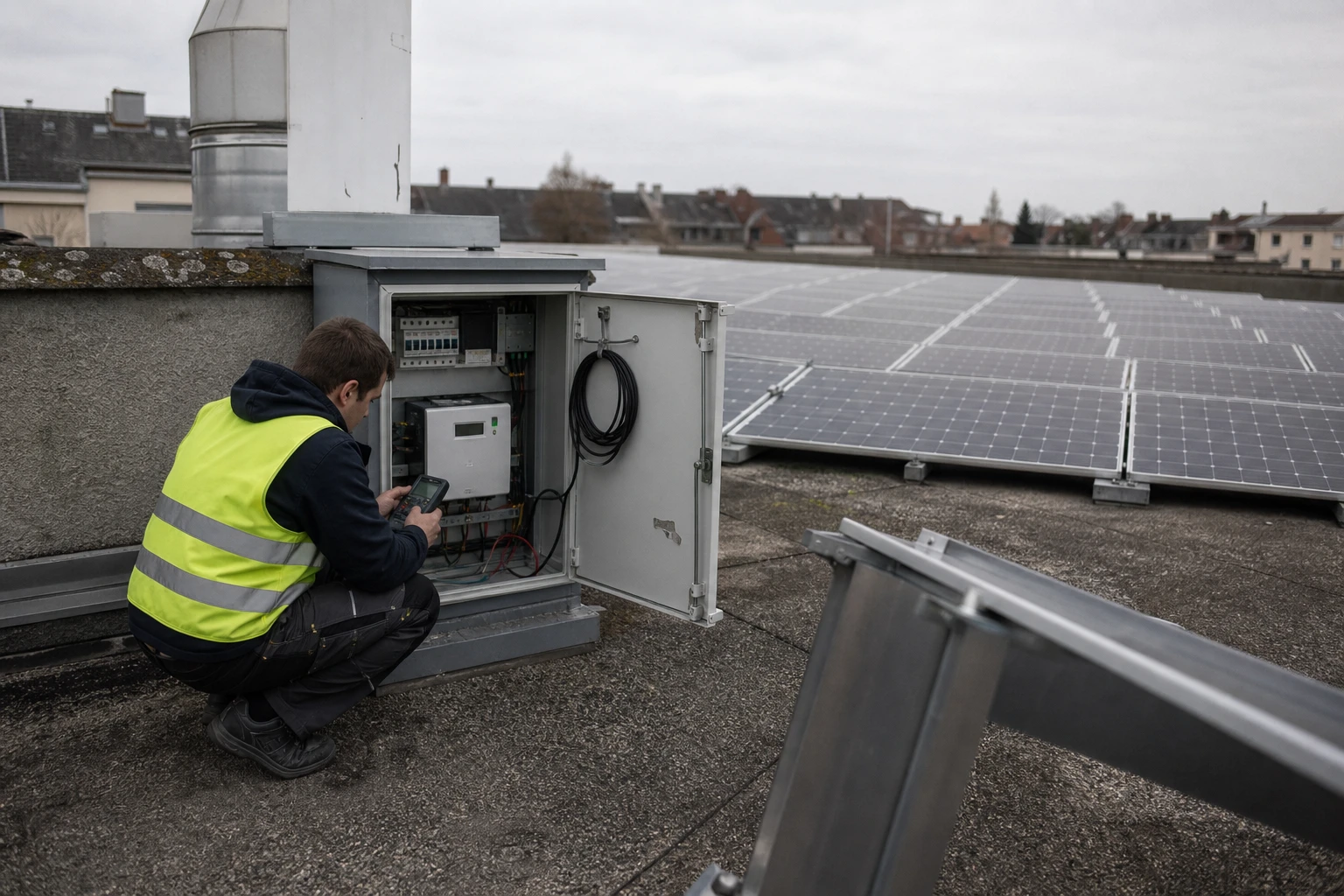 Technician in a hi-vis vest checking a grey metering and inverter cabinet at the base of a rooftop photovoltaic array on a flat roof, with solar panels and rooftops behind under a grey sky