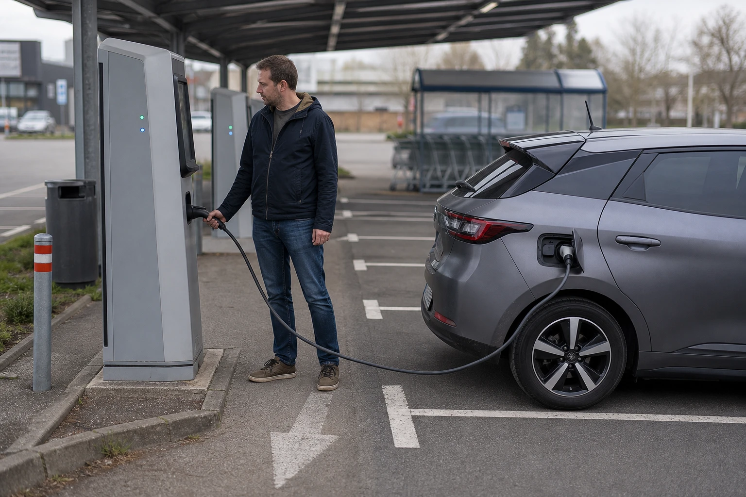 Person charging an electric car at a public charging station in a supermarket car park, holding the charging cable and looking at the display of the grey charging pillar