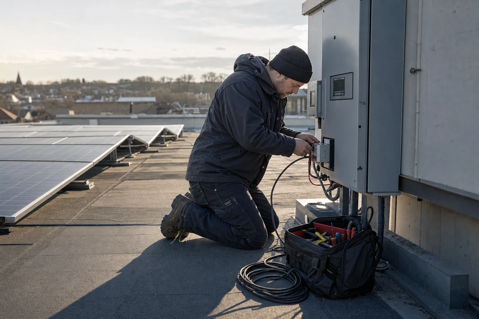 A technician on a flat roof beside a solar array wiring a control box at the inverter cabinet