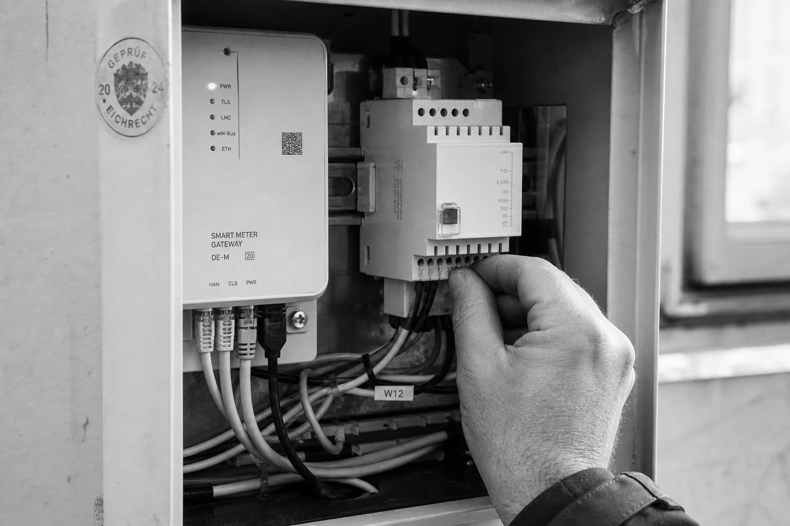 An open meter cabinet with a smart meter gateway and a DIN-rail control box wired together