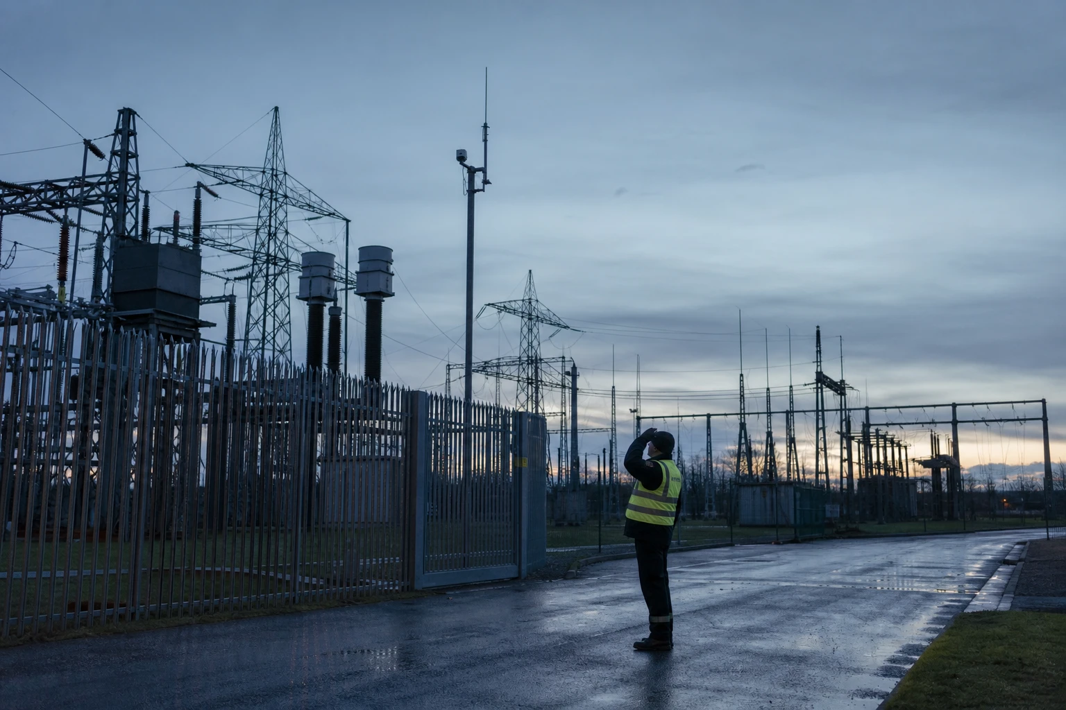 security officer in a high-visibility vest looks up at the sky at dusk by the fence of an electrical substation, next to a sensor mast with a camera