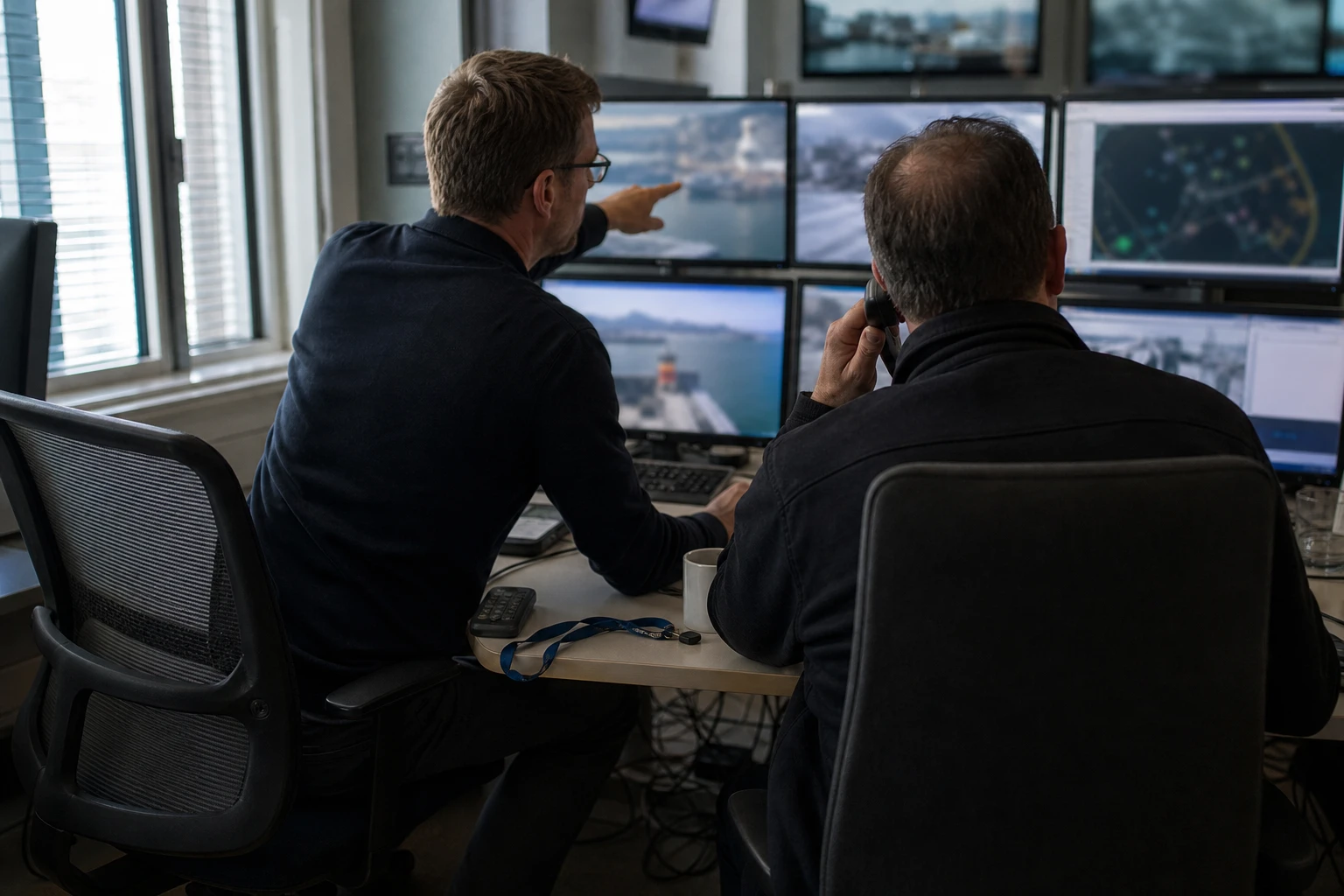 two staff in an energy company security operations room watch camera feeds and a radar plot across several monitors