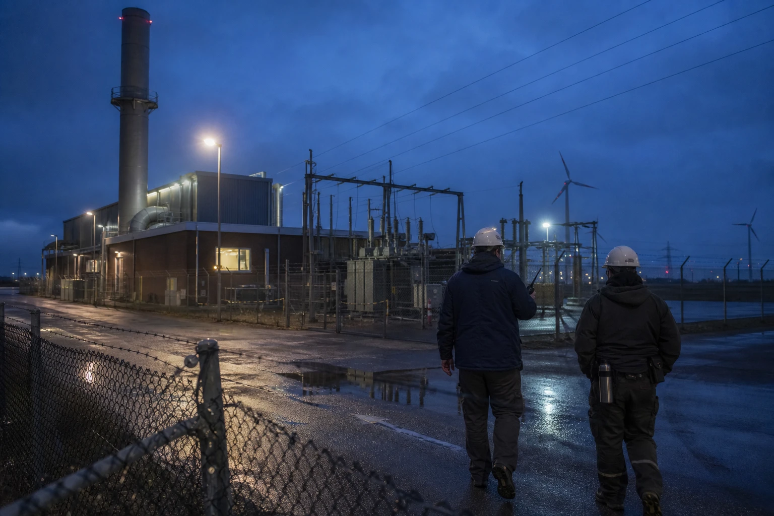 Two plant technicians in hard hats walk a perimeter check along the fence of a combined heat and power plant at blue hour, with a switchyard and wind turbines on the horizon
