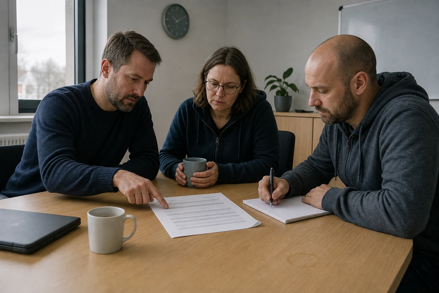 Three IT and OT security staff at an energy utility sit at a table working through a printed incident response checklist together