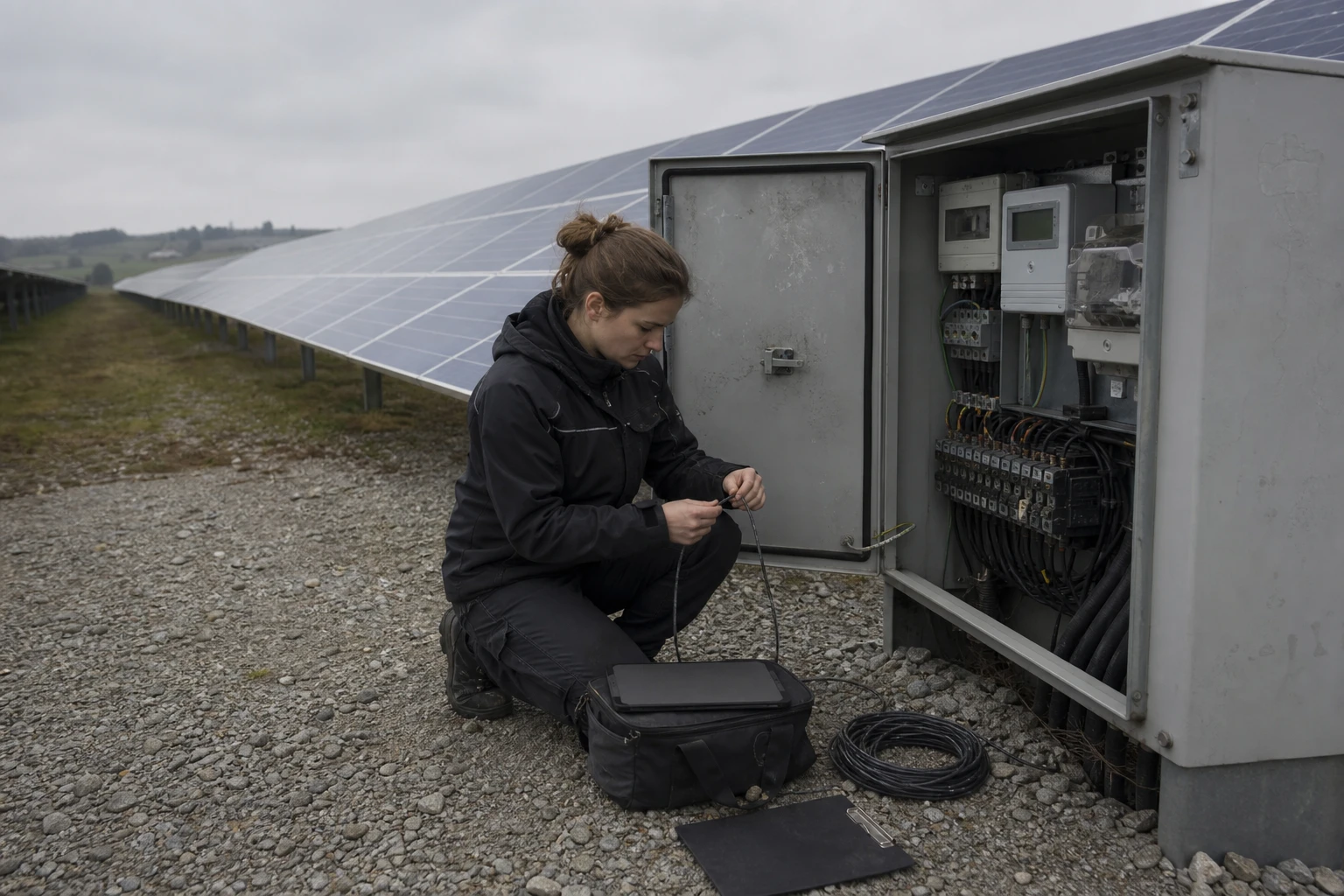 Technician kneeling at an open inverter and metering cabinet at the end of a module row in a solar field, a tablet resting on the toolbag on the gravel
